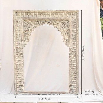 Jarokha Shaped Distressed White Craved Wooden Frame