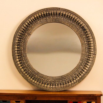 Large round wooden mirror frame in antique grey finish with detailed carved border 4 ft diameter