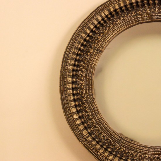 Antique Grey Round Hand Carved Mirror Frame Large round wooden mirror frame in antique grey finish with detailed carved border 4 ft diameter