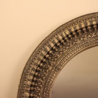 Antique Grey Round Hand Carved Mirror Frame Large round wooden mirror frame in antique grey finish with detailed carved border 4 ft diameter
