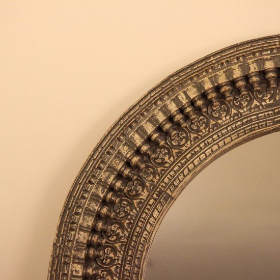 Antique Grey Round Hand Carved Mirror Frame Large round wooden mirror frame in antique grey finish with detailed carved border 4 ft diameter