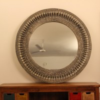 Antique Grey Round Hand Carved Mirror Frame Large round wooden mirror frame in antique grey finish with detailed carved border 4 ft diameter
