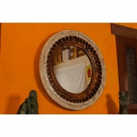 Vintage round wall mirror distressed white natural wood frame buy Indian decor online