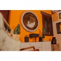 Vintage round wall mirror distressed white natural wood frame buy Indian decor online