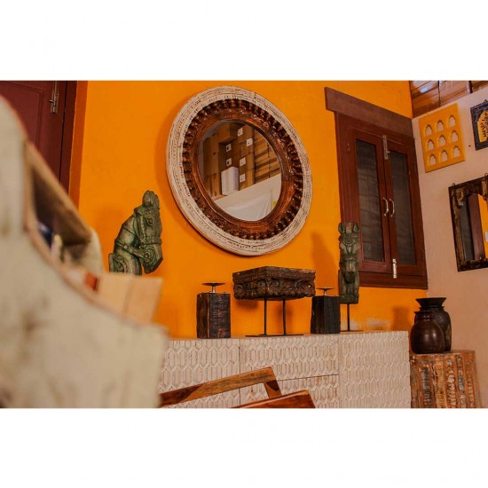 Vintage round wall mirror distressed white natural wood frame buy Indian decor online