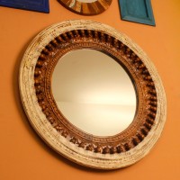 Vintage round wall mirror distressed white natural wood frame buy Indian decor online