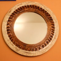 Vintage round wall mirror distressed white natural wood frame buy Indian decor online
