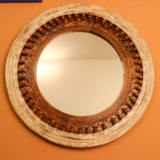 Vintage round wall mirror distressed white natural wood frame buy Indian decor online