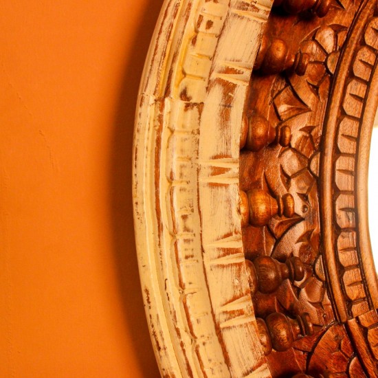Vintage round wall mirror distressed white natural wood frame buy Indian decor online