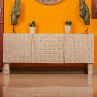 Handcrafted carved wooden TV console ivory white finish Indian home furniture