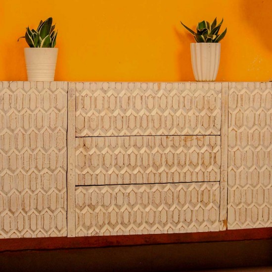 Handcrafted carved wooden TV console ivory white finish Indian home furniture