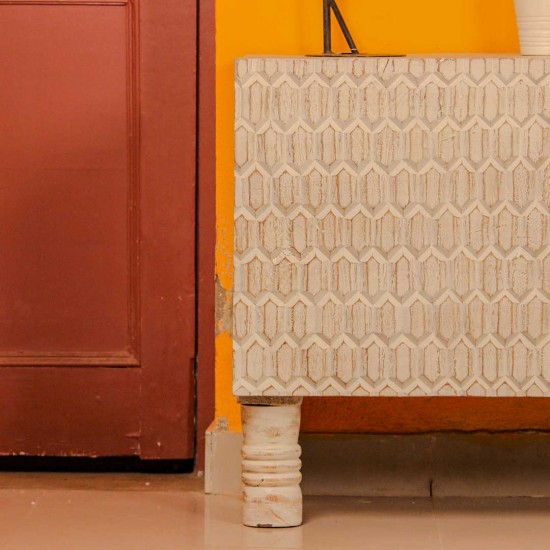 Handcrafted carved wooden TV console ivory white finish Indian home furniture