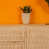 Handcrafted carved wooden TV console ivory white finish Indian home furniture