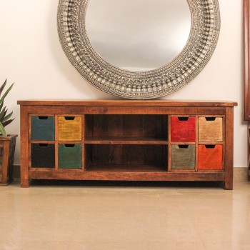Rustic wooden console unit with multiple drawers and open shelf storage for living room or entryway use