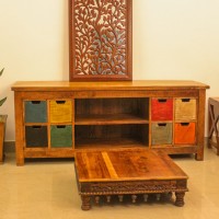 Wooden Console with Drawers and Open Shelf Rustic wooden console unit with multiple drawers and open shelf storage for living room or entryway use