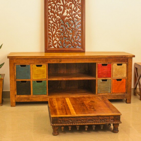 Wooden Console with Drawers and Open Shelf Rustic wooden console unit with multiple drawers and open shelf storage for living room or entryway use