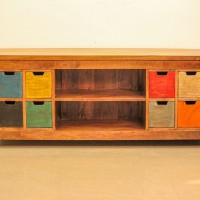 Wooden Console with Drawers and Open Shelf Rustic wooden console unit with multiple drawers and open shelf storage for living room or entryway use