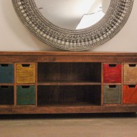 Wooden Console with Drawers and Open Shelf Rustic wooden console unit with multiple drawers and open shelf storage for living room or entryway use