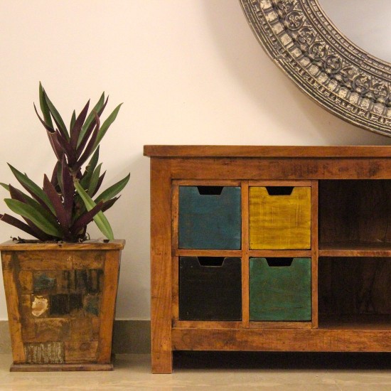 Wooden Console with Drawers and Open Shelf Rustic wooden console unit with multiple drawers and open shelf storage for living room or entryway use