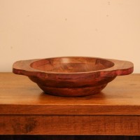 Small Solid Wood Fruit Bowl with Handles – Rustic Red – Styled on Table Small rustic red solid wood fruit bowl styled on a polished wooden console table