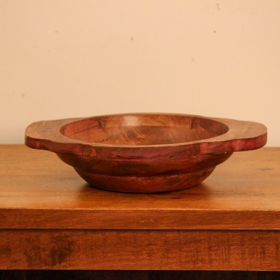 Small Solid Wood Fruit Bowl with Handles – Rustic Red – Styled on Table Small rustic red solid wood fruit bowl styled on a polished wooden console table