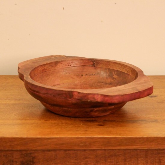 Small Solid Wood Fruit Bowl with Handles – Rustic Red – Styled on Table Small rustic red solid wood fruit bowl styled on a polished wooden console table