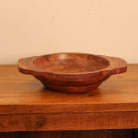 Small Solid Wood Fruit Bowl with Handles – Rustic Red – Styled on Table Small rustic red solid wood fruit bowl styled on a polished wooden console table