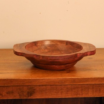Small Solid Wood Fruit Bowl with Handles – Rustic Red – Styled on Table Small rustic red solid wood fruit bowl styled on a polished wooden console table