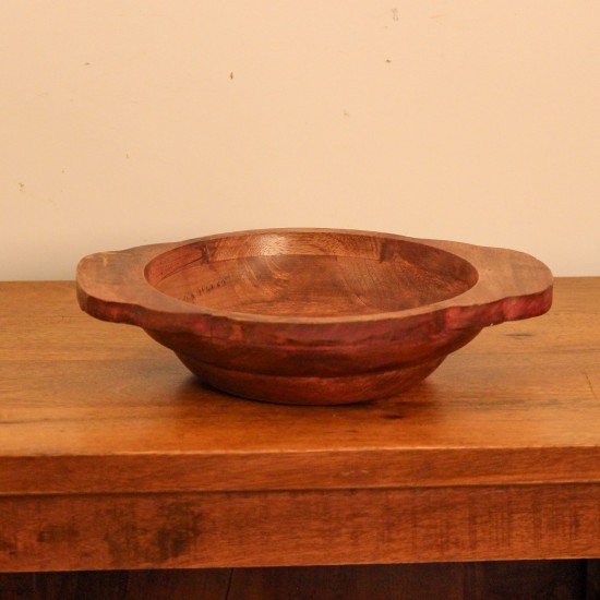 Small Solid Wood Fruit Bowl with Handles – Rustic Red – Styled on Table Small rustic red solid wood fruit bowl styled on a polished wooden console table