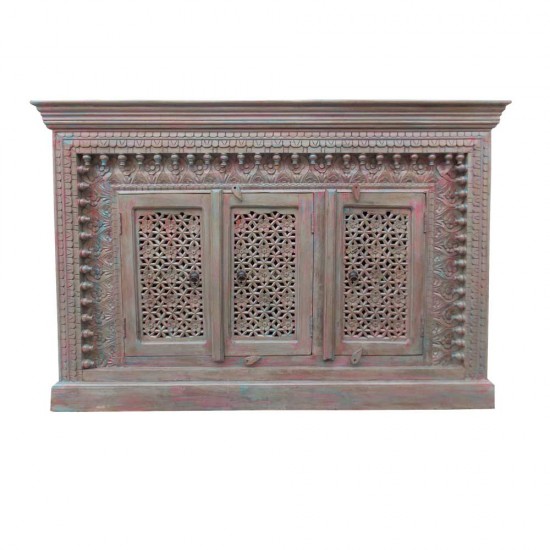 Wooden Carved Side Board - Blue/ Pink Distressed Wooden Carved Side Board - Blue/ Pink Distressed
