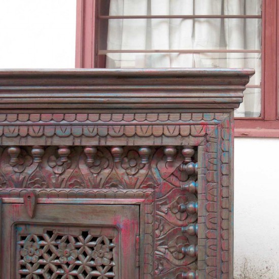 Wooden Carved Side Board - Blue/ Pink Distressed Wooden Carved Side Board - Blue/ Pink Distressed