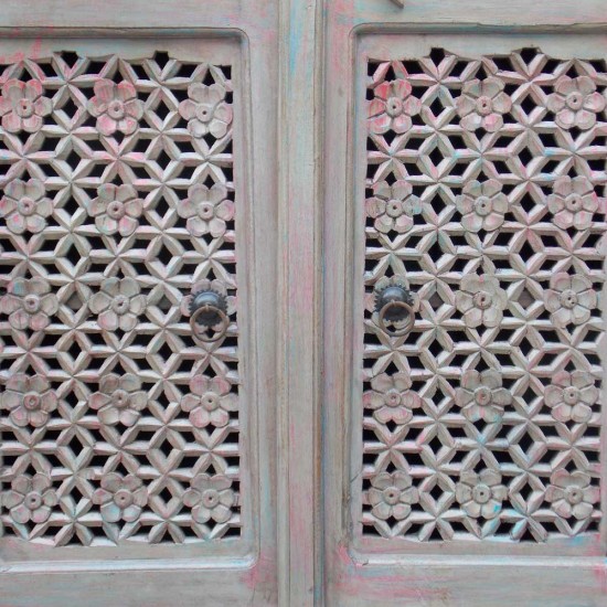 Wooden Carved Side Board - Blue/ Pink Distressed Wooden Carved Side Board - Blue/ Pink Distressed