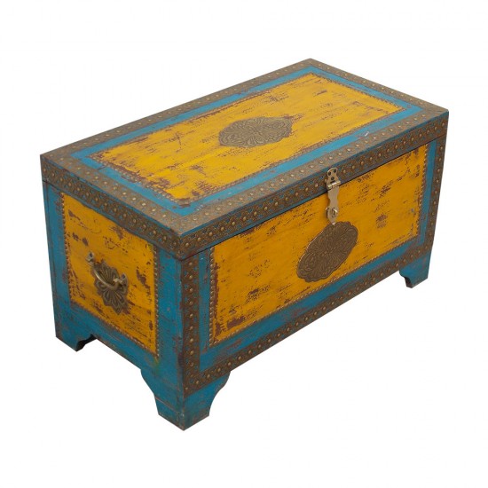 Treasure Box Pitara Yellow Blue Rustic Finish Brass Art