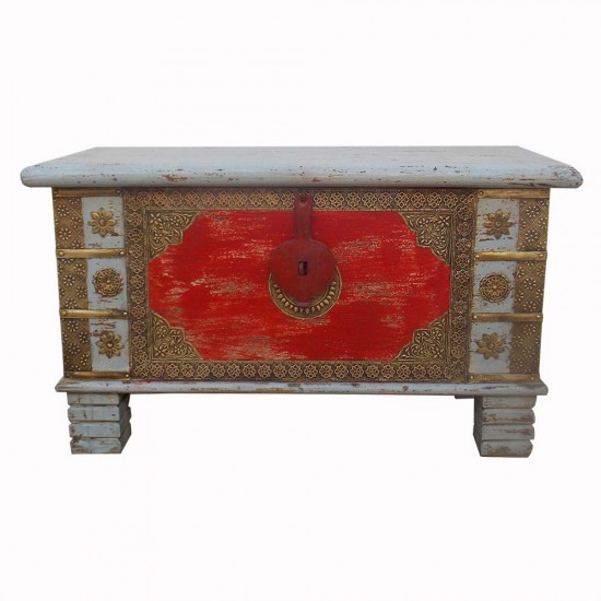 Treasure Box / Pitara Red-Grey Rustic Finish Brass Art