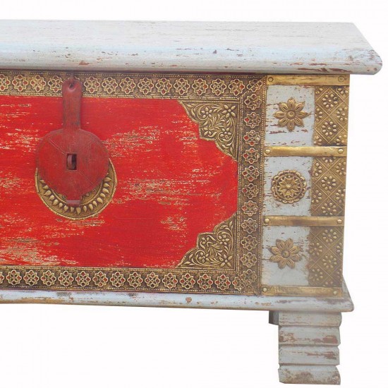 Treasure Box / Pitara Red-Grey Rustic Finish Brass Art