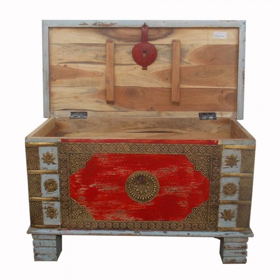 Treasure Box / Pitara Red-Grey Rustic Finish Brass Art