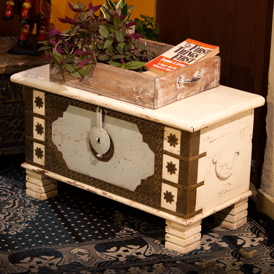 White-grey wooden treasure box with brass artwork front view – rustic storage trunk White-grey wooden treasure box with brass artwork front view – rustic storage trunk