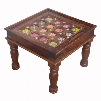 Ceramic Tile Art Brass Fitted Square Wooden Center Table