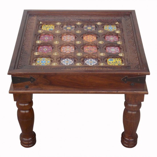 Ceramic Tile Art Brass Fitted Square Wooden Center Table