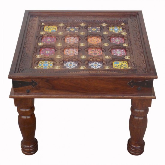 Ceramic Tile Art Brass Fitted Square Wooden Center Table Ceramic Tile Art Brass Fitted Square Wooden Center Table