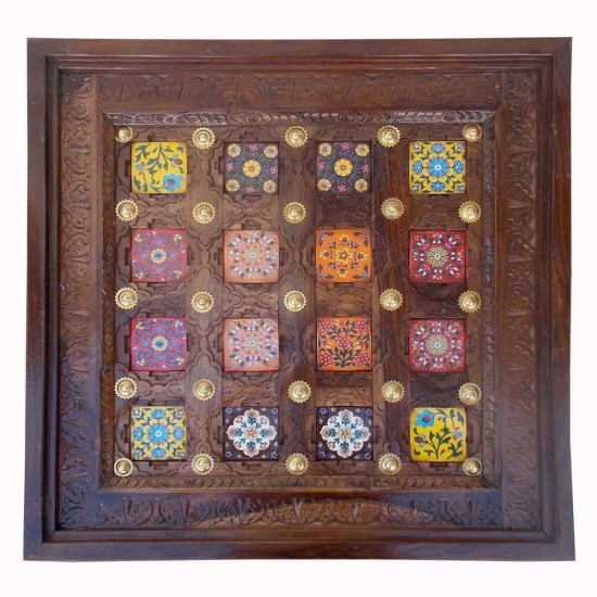 Ceramic Tile Art Brass Fitted Square Wooden Center Table Ceramic Tile Art Brass Fitted Square Wooden Center Table