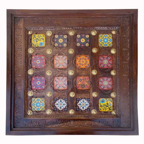 Ceramic Tile Art Brass Fitted Square Wooden Center Table