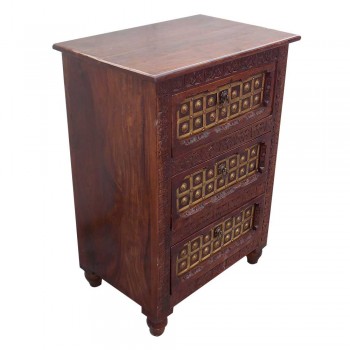 Rajwada Style Hand Carved Wooden Chest of Three Drawers with Decorative Brass Fittings. 
