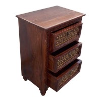 Rajwada Style Hand Carved Wooden Chest of Three Drawers with Decorative Brass Fittings