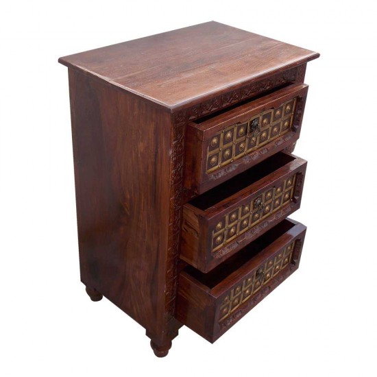 Rajwada Style Hand Carved Wooden Chest of Three Drawers with Decorative Brass Fittings