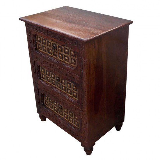 Rajwada Style Hand Carved Wooden Chest of Three Drawers with Decorative Brass Fittings