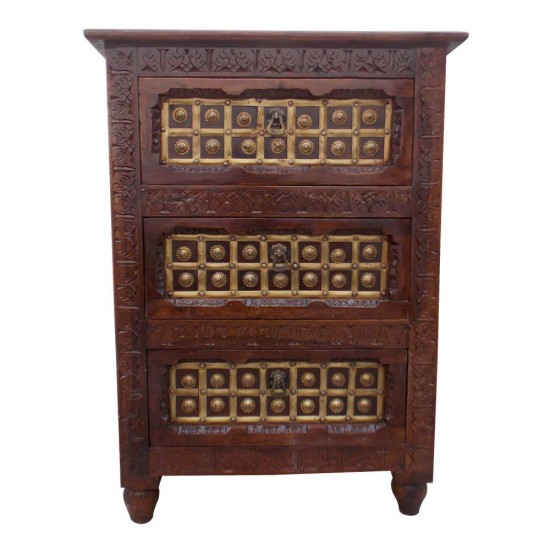 Rajwada Style Hand Carved Wooden Chest of Three Drawers with Decorative Brass Fittings