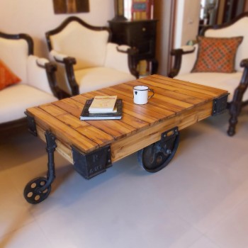 Industrial Cart Coffee Table on Wheels with Rugged Industrial Elements