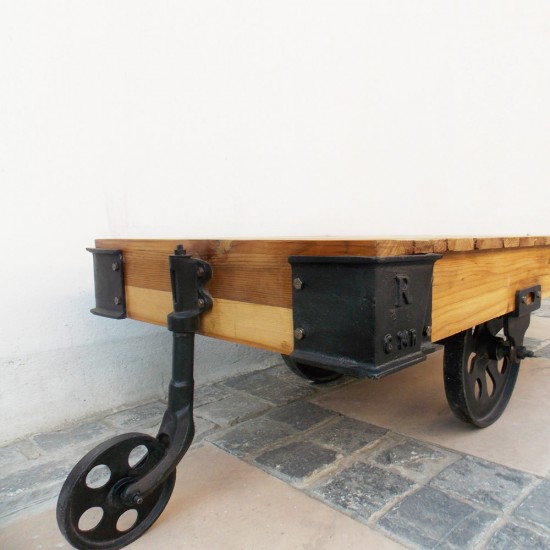 Industrial Cart Coffee Table on Wheels with Rugged Industrial Elements