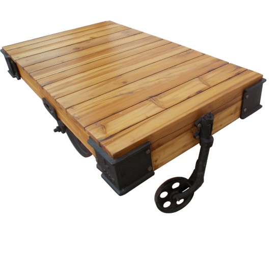 Industrial Cart Coffee Table on Wheels with Rugged Industrial Elements